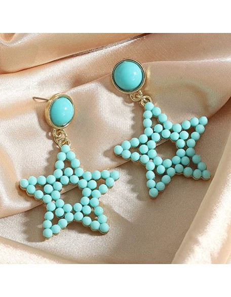 3 Pairs Colorful Gold Plated Star Beaded Dangle Earrings