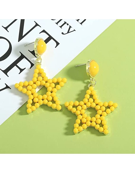 3 Pairs Colorful Gold Plated Star Beaded Dangle Earrings